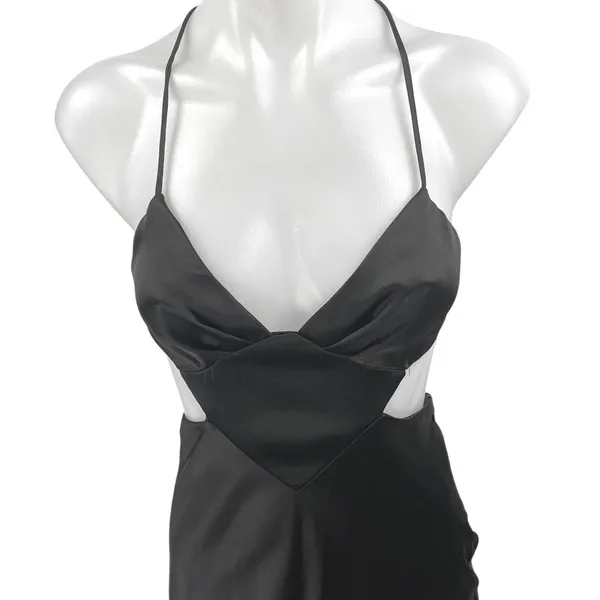 NEW Zara Black Silk Satin Sleeveless Cutout V Neck Strappy Midi Slip Dress Sz XS - Image 4