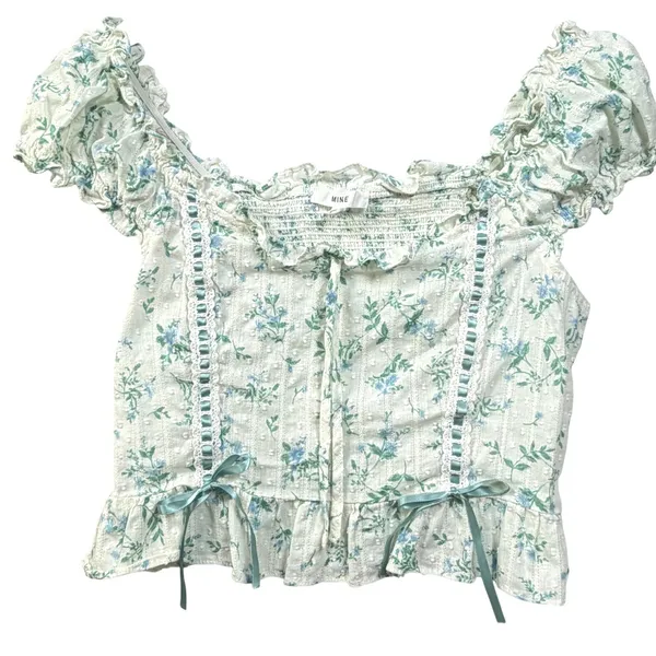 Mine Floral Swiss Dot Crop Top Lace Ribbon Puff Sleeve White Blue Women's‎ L - Image 2