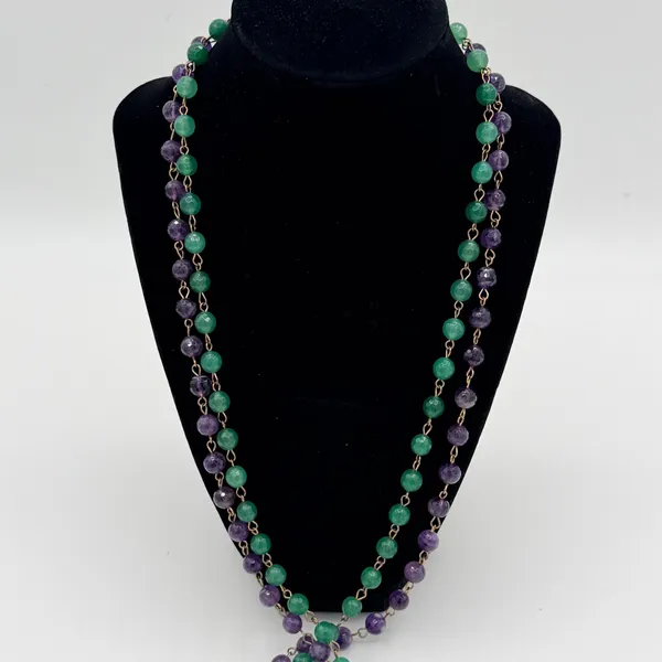 Purple Green faceted Bead 2 Necklace Set Layered Boho Statement Gold Tone 34" - Image 3