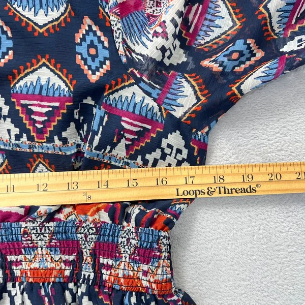 Old Navy Boho‎ Tiered Midi Dress Geometric Print Puff Sleeve Smocked Waist Lined - Image 12