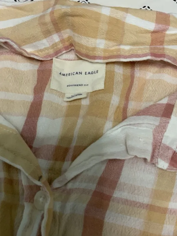 Women's American Eagle Orange Stripped Plaid Button Down Shirt Collared Casual L - Image 2