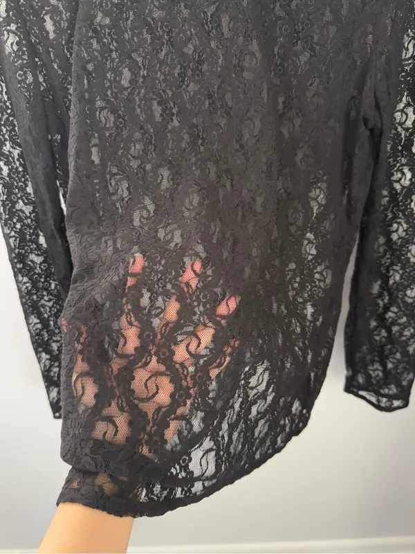 Ralph Lauren XL Crew Long Sleeve Black Top Lace Whimsigoth Gothic Floral Sheer - Image 4