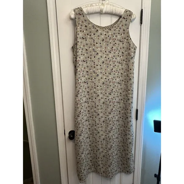 Reversible Maxi Dress L XL Floral Polka Dots Sleeveless Side Slits Tan Gray Mult - Image 3