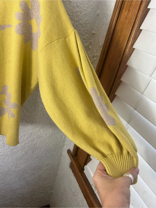 EVERLANE Floral Cotton Merino Wool Crew Neck Puff Sleeve Sweater Size M - Image 2