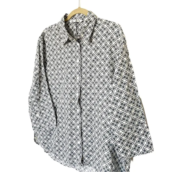 Zara Linen Blouse 3/4 Sleeve Button Front Print Shirt Womens Chic Top Sz L - Image 8