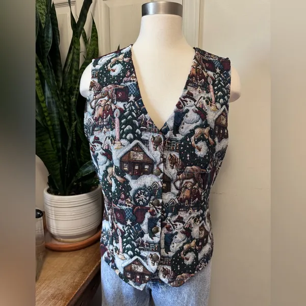 Vintage Christmas Tapestry Vest Winter Scene‎ XL 90s - Image 11