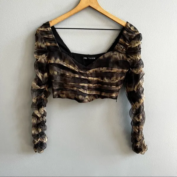 Zara CORSETRY TULLE CROP TOP Black Tan Long Sleeve Mesh Cropped Top Small NWT - Image 6