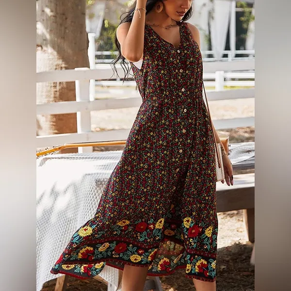Amazon Bohemian V-Neck Printed Gathered Waist Midi Dress - Image 5