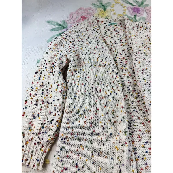 P.S. Kate Confetti Pom Pom Open Front Cardigan Cream Multi Knit Sweater M/L - Image 5