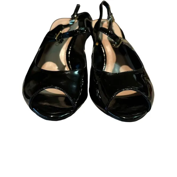 Franco Sarto Womens 9.5M Black Peep Toe Stiletto High Heels Faux Leather Shoes‎ - Image 2