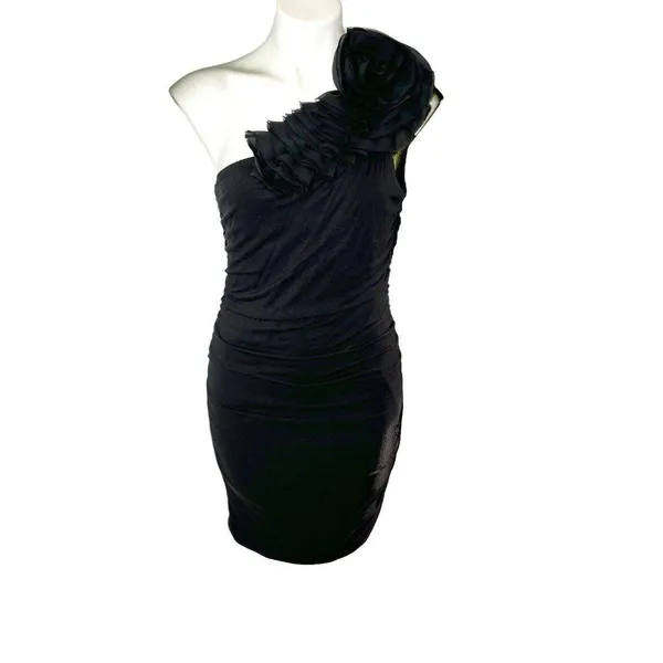 WYATT One Shoulder Rosette Bodycon Mini Dress Size M Black‎ Ruched Toga - Image 2