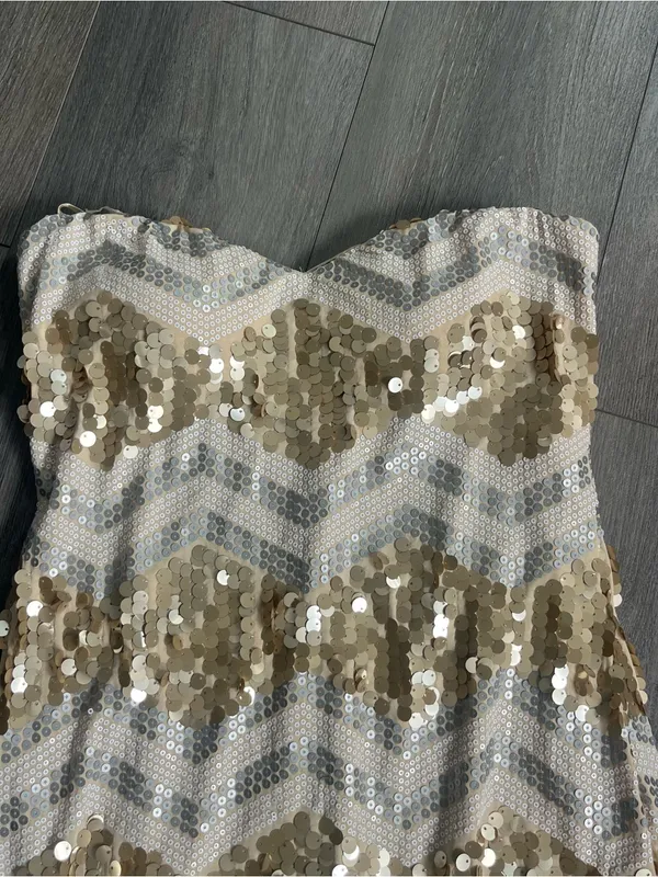 As You Wish Gold Sequin Strapless Mini Dress Chevron Party Size Large - Image 2