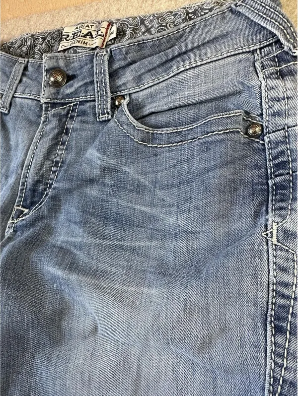 ARIAT REAL Mid Rise Boot Cut Denim Blue Jeans Womens 30L Med Wash FLAW - Image 5