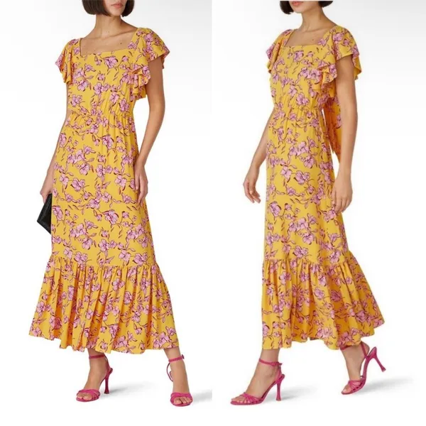 Anthropologie Sachin & Babi Yellow Flutter Sleeve Floral Print Maxi Dress Size 8 - Image 2