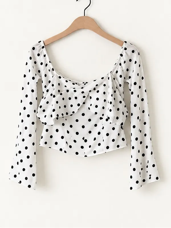 Reformation Ivory With Black Polka Dot Satin Wrap Cropped Long Bell Sleeve Top - Image 4