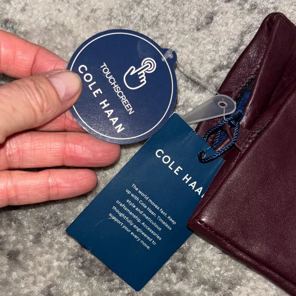 Cole Haan Women's Burgundy Leather Gloves with Gold Logo - Image 3