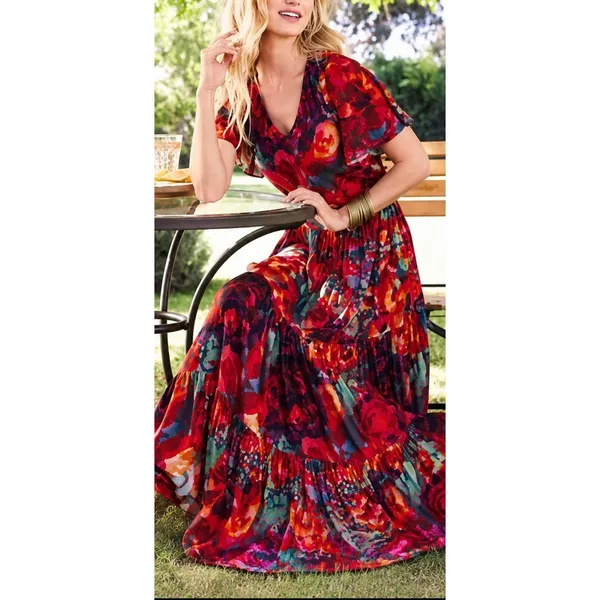 Soft Surroundings Printemps Maxi Dress Multicolor Floral Tiered Boho V-Neck M - Image 4