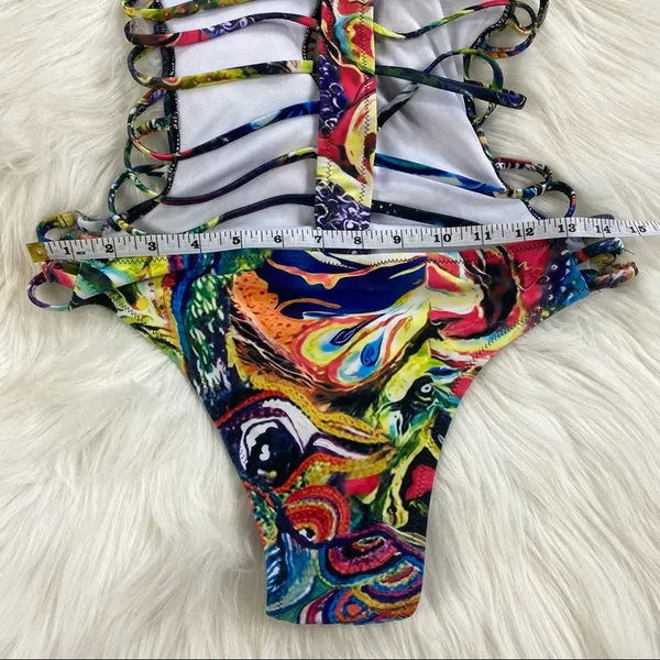 Abstract Plunging Strappy Cheeky Colorful Cutout Bathing Suit - Image 7