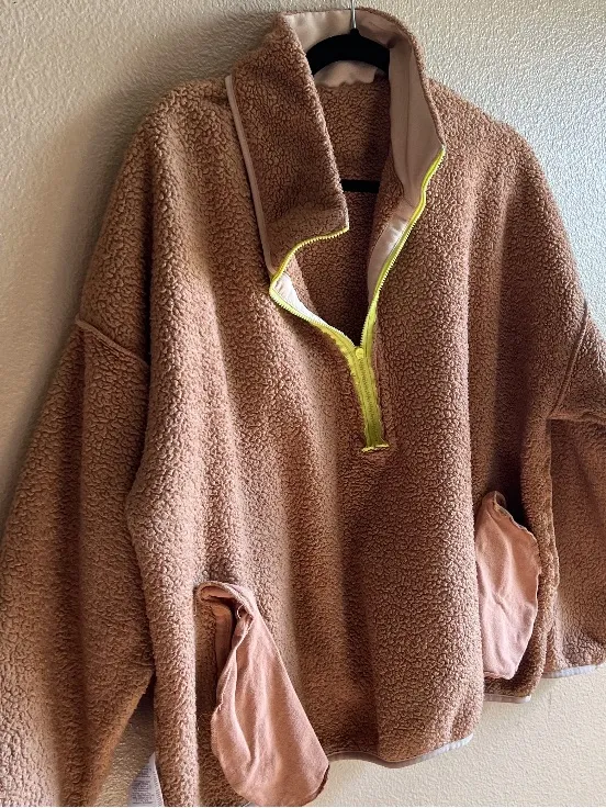 J.Crew Cozy Teddy Fleece Half-Zip Pullover Light Brown‎ with Neon Zip size XXL - Image 2