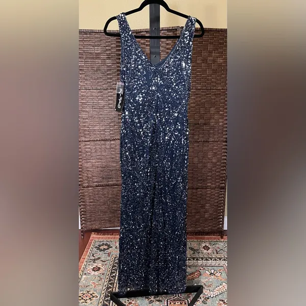 New Pisarro Nights Navy Beaded Sequin Gown Size 10 Elegant Formal Dress - Image 3