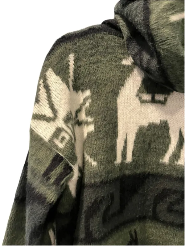 VTG Gensis Alpaca Wool Hooded Sweater Jacket Llama Aztec Green Small Stretch - Image 9