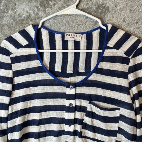 Frame Nautical Striped 100% Linen Henley Top Size Small Worn on Young and Hungry - Image 6