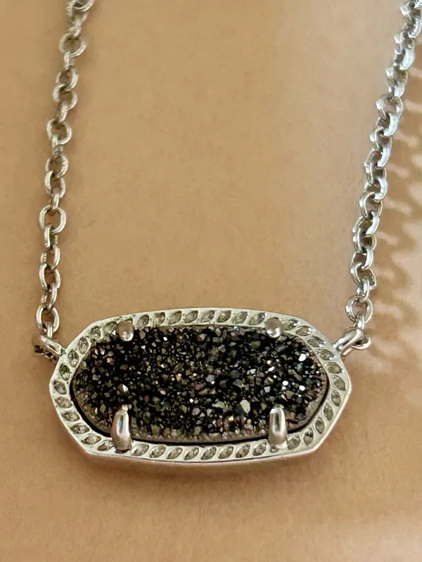 Kendra Scott Elisa Silver Platinum Necklace with Glittery Dark Drusy‎ Pendant - Image 4