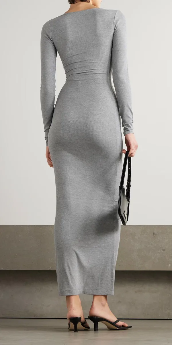 Abercrombie And Fitch Gray Ribbed Long Sleeve Maxi Bodycon Dress - Image 6