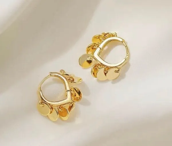 18K Gold Plated Round Disc Tassel Hoop Earrings for Women - Image 2