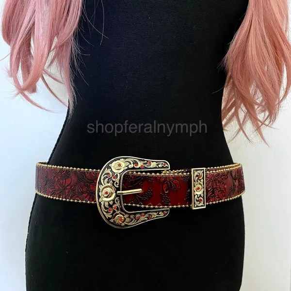 Red Floral Embossed Rose Buckle Western Y2K Belt, Fits 32.5-41 Inches, X7GA1290 - Image 3