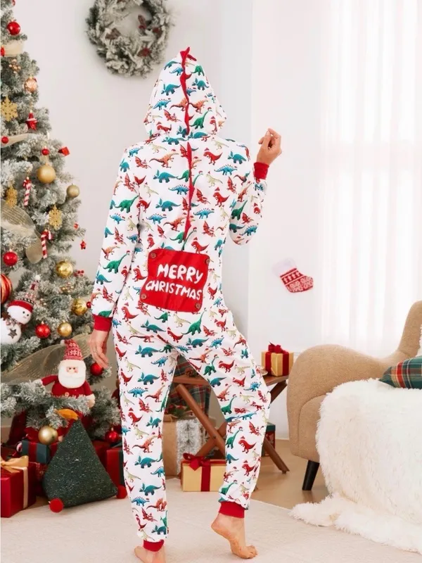 PatPat Women’s Christmas Dinosaur Hooded Onesie Pajamas – Size Medium - Image 2