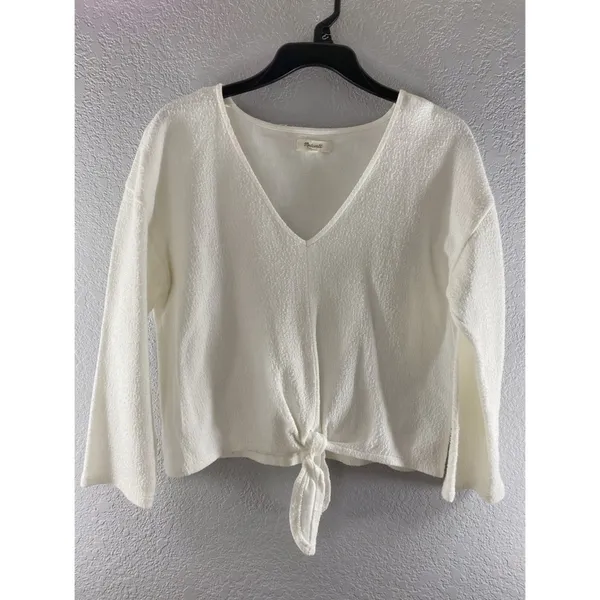 Madewell White V Neck Textured Tie Front Top - Image 5