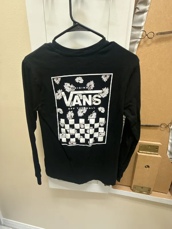 Vans Floral Checkerboard Long Sleeve T-Shirt Black Size XS - Image 3