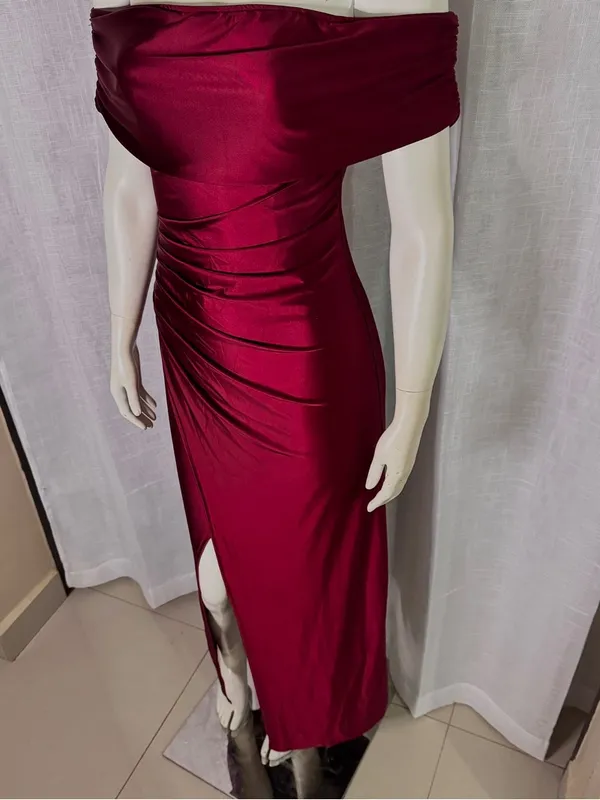 Off Shoulder Satin Maxi Dress Burgundy Pleated Ruched Front Slit Gown S - Image 5