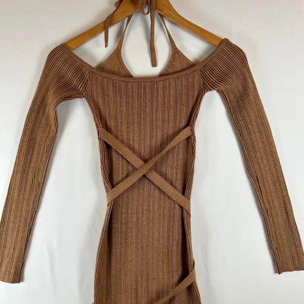 NBD Brown Ribbed Knit Stasia‎ Halter Wrap Midi Dress Small - Image 8