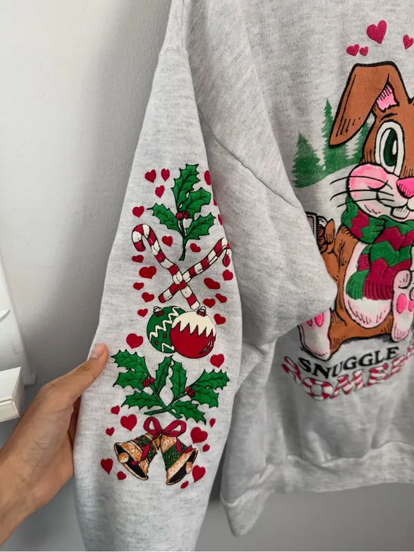 90s Vintage XL Christmas Holiday Sweatshirt Bunnies Coco Love Grey Crew Neck - Image 6