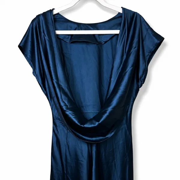 NEW Lulus Captivating Presence Dark Teal Satin Open Cowl Back Maxi Dress Large - Image 10