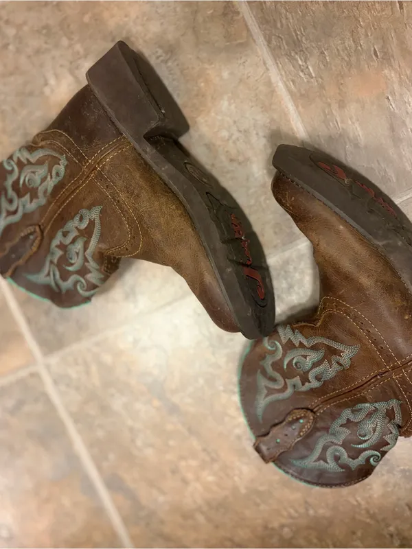 Justin Boots Brown Leather Cowboy Boots with Teal Stitching 7.5 B - Image 3