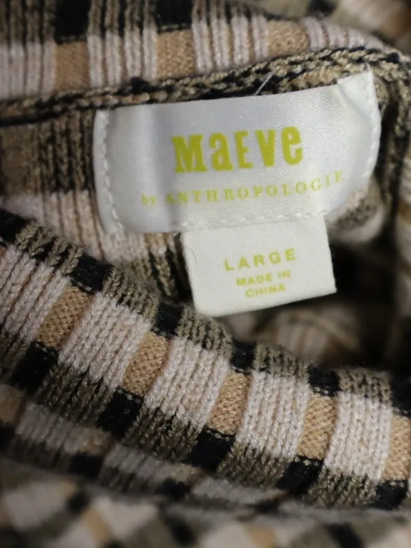 Maeve Anthropologie Sweater Large Fitted Stretch Plaid Cowl Neck Brown Black - Image 4