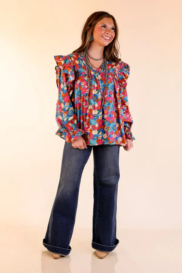 Entro Floral Detail Long Sleeve V-Neck Ruffle Detail Blouse Blue Multi - Image 2