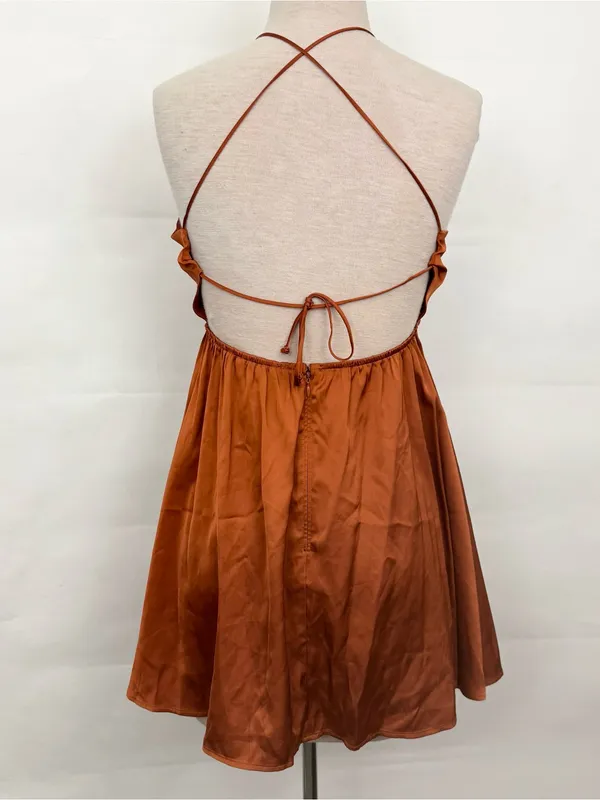 Abercrombie & Fitch Rust Orange Satin Silky Strappy Mini Dress XS - Image 5