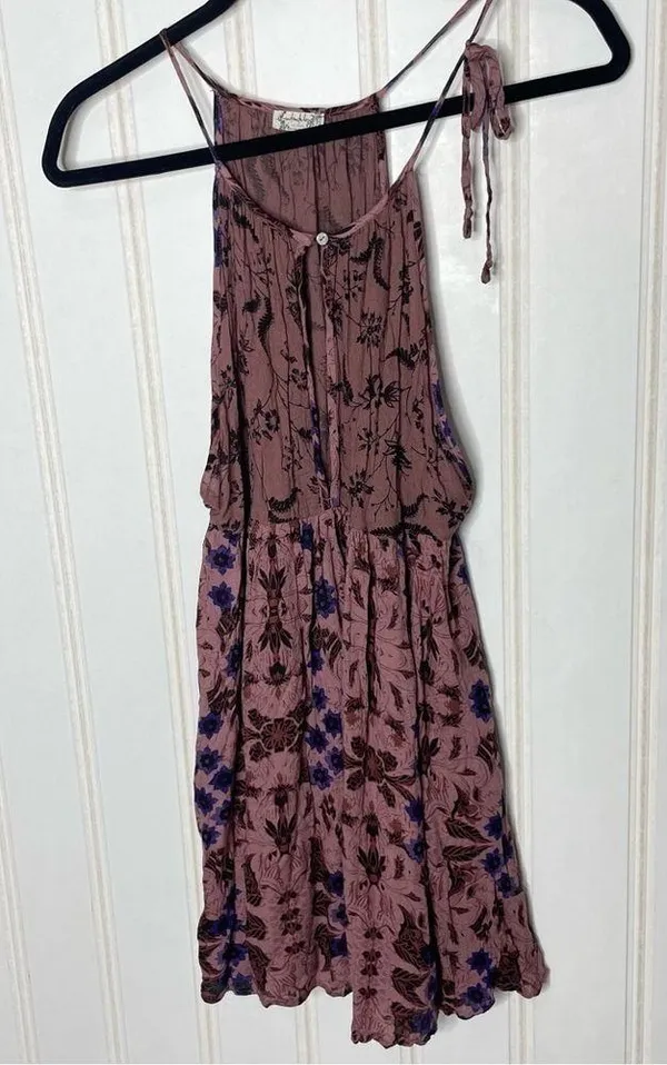 FREE PEOPLE Sleeveless Keyhole Boho Mauve Floral Babydoll Swing Slip Dress 882 - Image 12