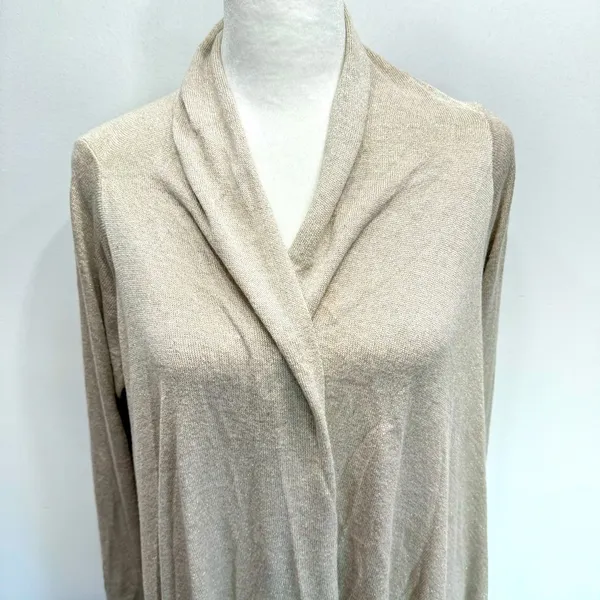 Beige Metallic Open Front Asymmetric Hem Cardigan Wrap Topper Chico’s 1/M - Image 4