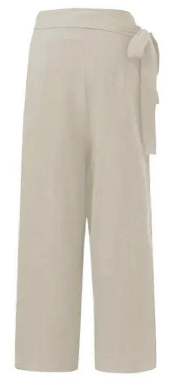 Celmia Wrap Front Wide Leg Pants Beige Breathable Cotton Size Large - Image 2