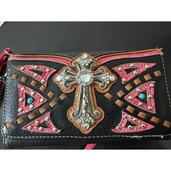 Western Rhinestone Cross Tri-Fold Wallet Crossbody Studded Cowgirl Rodeo Purse - Image 8