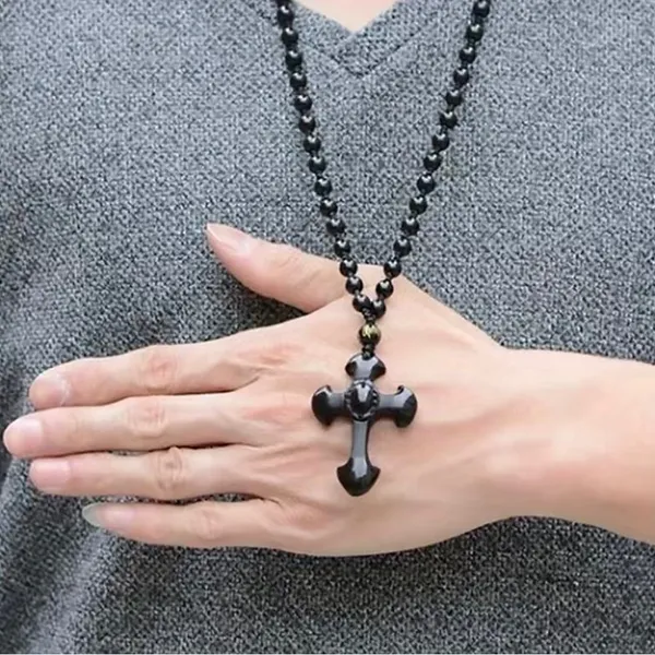 1pc Classic Religious Style Christian Cross Fashion Obsidian Pendant Necklace‎ - Image 9