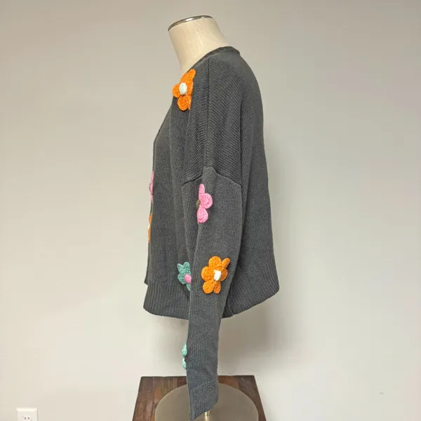 J.Nna Floral Embroidered Cardigan Gray Size L - Image 6
