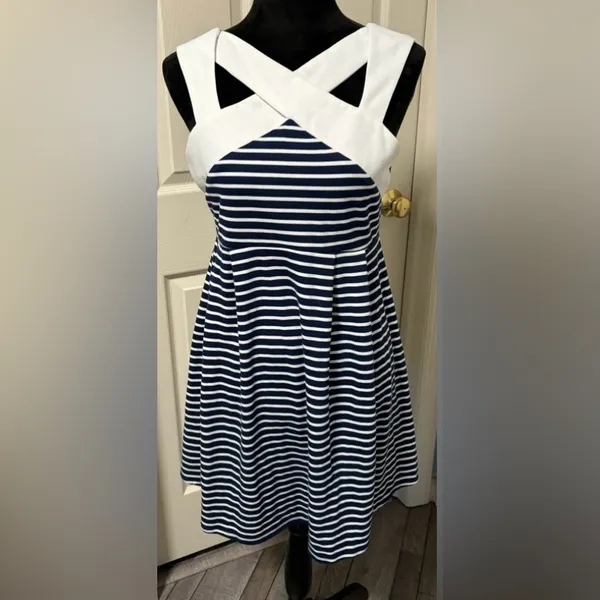 ASOS Women’s Size 8 Navy & White Striped Criss Cross A-Line Dress - Image 2