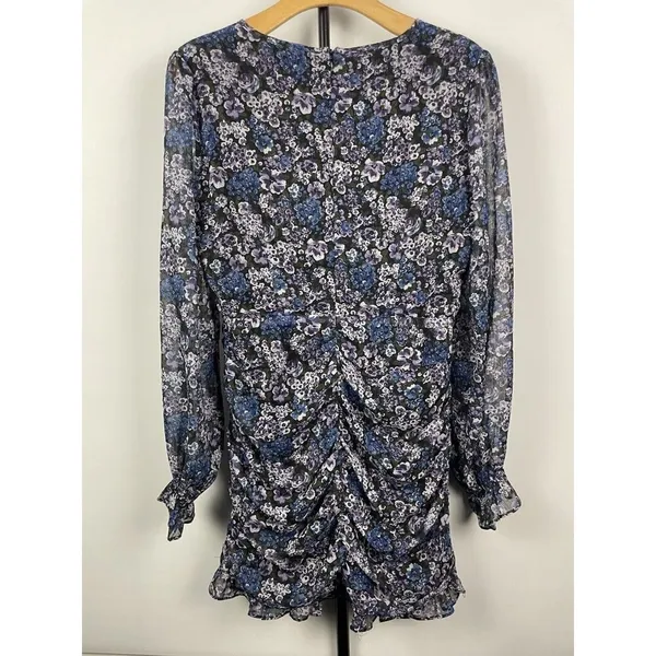 Vici Blue Purple Black Floral Ruched Long Sleeve Chiffon Mini Dress Size L‎ - Image 7
