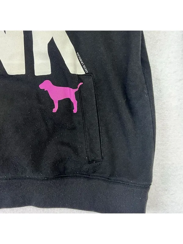 Vtg Y2K Victoria's Secret PINK 'Love Pink' Half Zip Sweatshirt Size L Black - Image 5